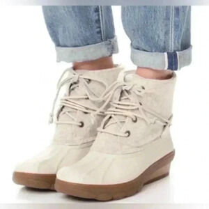 Sperrys Saltwater Tide Wool Ivory Cream Embossed Rain Duck Wedge Boot size 6